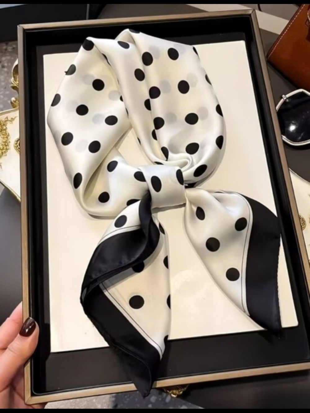 Silk-feel Black & White Polka Dot Scarf Head Scarf, Neck Scarf